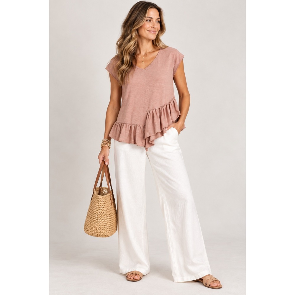 Sundance Women's L Dusty Rose Asymmetrical Ruffle Hem Cotton Boho Top